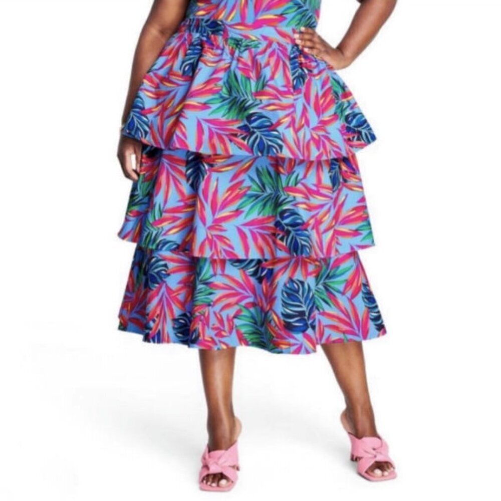 Tabitha Brown Tiered Midi Skirt Womens 2X Pull On Ruffle Cotton Floral Tropical